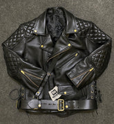 Men’s Black Cowhide Leather Biker Jacket | Quilted Diamond Biker Jacket with Belt