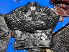 Men’s Black Cowhide Leather Biker Jacket | Quilted Diamond Biker Jacket with Belt