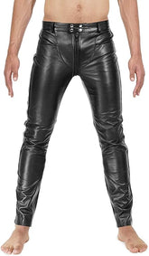Men's Black Genuine Cowhide Leather Slim-Fit Biker Pants