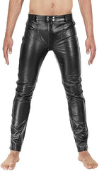 Men's Black Genuine Cowhide Leather Slim-Fit Biker Pants