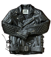 Leather Fashion Jacket | Leather Uniform Jacket | Men’s Black Cowhide Leather Biker Jacket | Quilted Diamond Biker Jacket with Belt