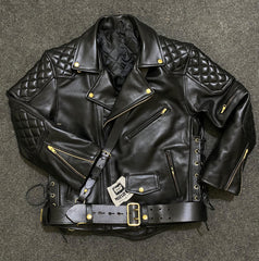 Men’s Black Cowhide Leather Biker Jacket | Quilted Diamond Biker Jacket with Belt