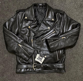 Men’s Black Genuine Cowhide Perfecto Biker Leather Jacket with Waist Belt