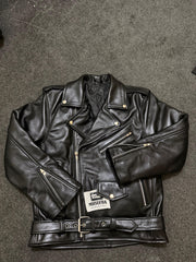 Men’s Black Genuine Cowhide Perfecto Biker Leather Jacket with Waist Belt
