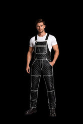 Men's Black Quilted Cowhide Leather Dungaree Overalls with White Piping