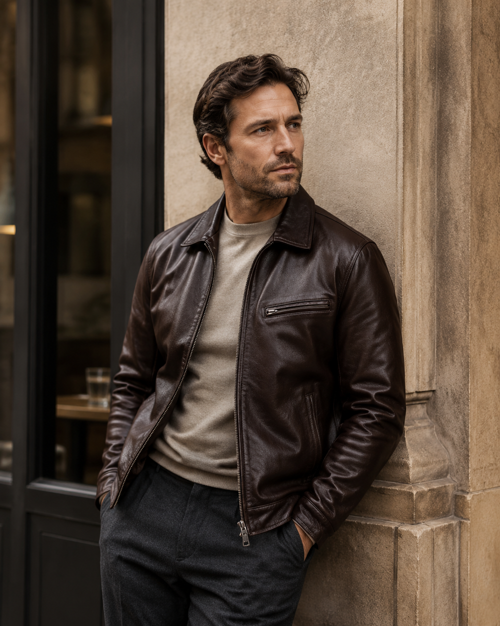 Finished leather jacket styled for everyday wear