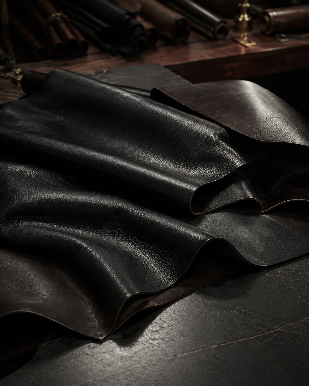 Full-grain leather material in the LeatherTopShop atelier