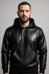 Men's Genuine Cowhide Leather Hoodie | Leather Pullover Hoodie for Men | Men's Classic Black Cowhide Leather Hoodie