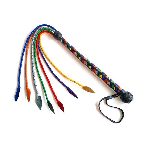 Multicoloured braided leather flogger with black handle and wrist loop