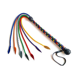 Multicoloured braided leather flogger with black handle and wrist loop
