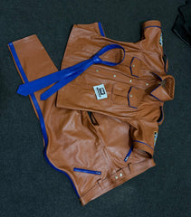 Tan leather uniform trousers with blue piped seams