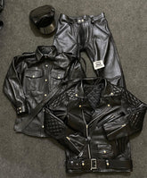 Black leather bundle - quilted jacket, uniform shirt, trousers, peaked cap and tie laid flat