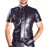 Men’s Black Genuine Cowhide Leather Shirt | Short Sleeve Leather Dress Shirt |Police shirt