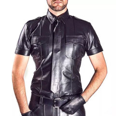 Men’s Black Genuine Cowhide Leather Shirt | Short Sleeve Leather Dress Shirt |Police shirt