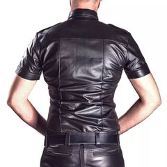 Men’s Black Genuine Cowhide Leather Shirt | Short Sleeve Leather Dress Shirt |Police shirt