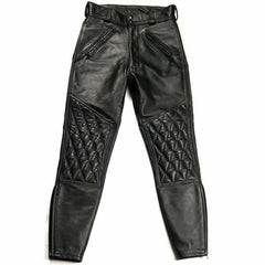 Men's Black Genuine Cowhide Leather Quilted Biker Pants