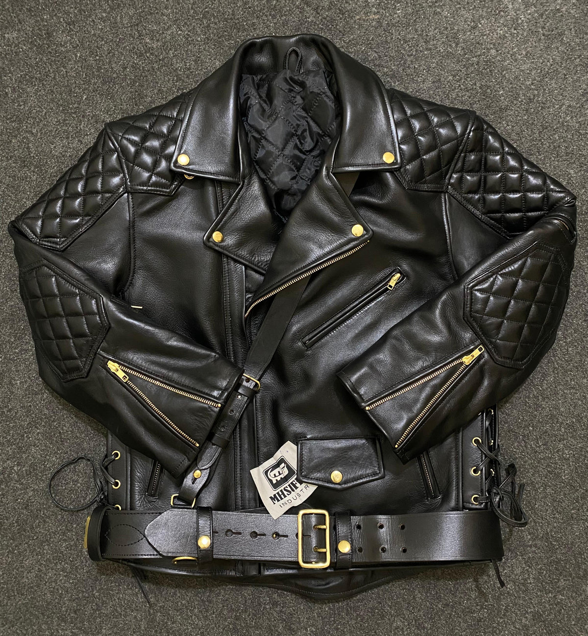 Men’s Black Cowhide Leather Biker Jacket | Quilted Diamond Biker Jacket with Belt