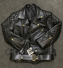 Men’s Black Cowhide Leather Biker Jacket | Quilted Diamond Biker Jacket with Belt