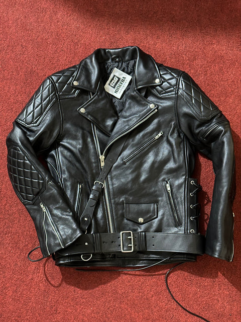 Leather Fashion Jacket | Leather Uniform Jacket | Men’s Black Cowhide Leather Biker Jacket | Quilted Diamond Biker Jacket with Belt
