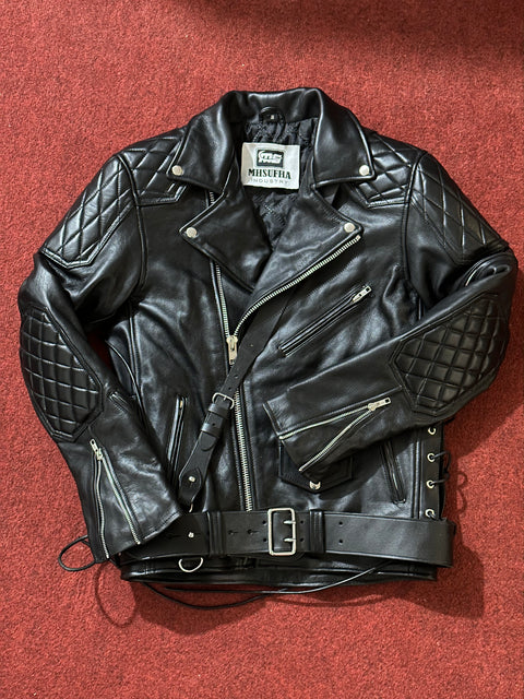Leather Fashion Jacket | Leather Uniform Jacket | Men’s Black Cowhide Leather Biker Jacket | Quilted Diamond Biker Jacket with Belt