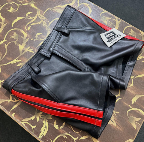 Jeans style leather short | Premium Black & Red Genuine Cowhide Leather Shorts | Biker / Fetish / Club Shorts