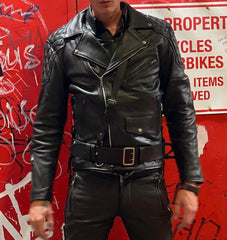 Leather Fashion Jacket | Leather Uniform Jacket | Men’s Black Cowhide Leather Biker Jacket | Quilted Diamond Biker Jacket with Belt