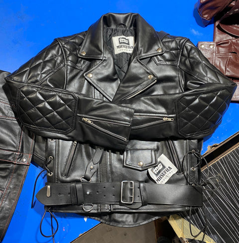 Men’s Black Cowhide Leather Biker Jacket | Quilted Diamond Biker Jacket with Belt