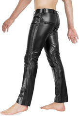 Men's Black Genuine Cowhide Leather Slim-Fit Biker Pants