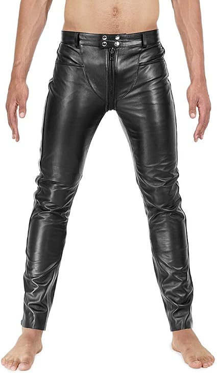 Men's Black Genuine Cowhide Leather Slim-Fit Biker Pants