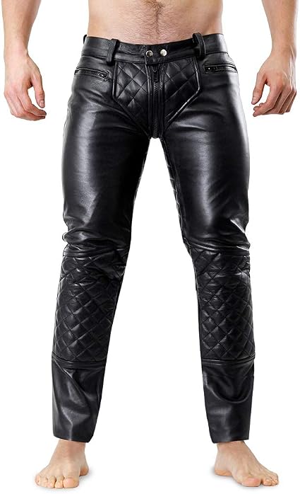 Men’s Genuine Cowhide Leather Quilted Biker Pants – Black Motorcycle Riding Trousers