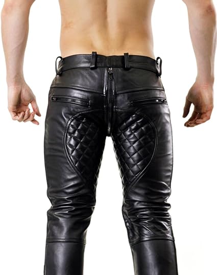 Men’s Genuine Cowhide Leather Quilted Biker Pants – Black Motorcycle Riding Trousers