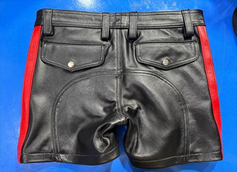 Jeans style leather short | Premium Black & Red Genuine Cowhide Leather Shorts | Biker / Fetish / Club Shorts