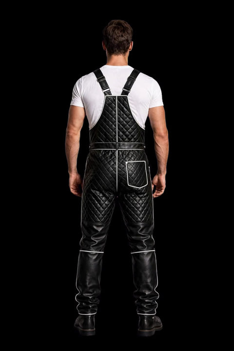 Men's Black Quilted Cowhide Leather Dungaree Overalls with White Piping