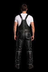 Men's Black Quilted Cowhide Leather Dungaree Overalls with White Piping