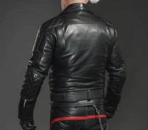 Leather Fashion Jacket | Leather Uniform Jacket | Men’s Black Cowhide Leather Biker Jacket | Quilted Diamond Biker Jacket with Belt