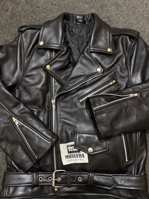 Men’s Black Genuine Cowhide Perfecto Biker Leather Jacket with Waist Belt