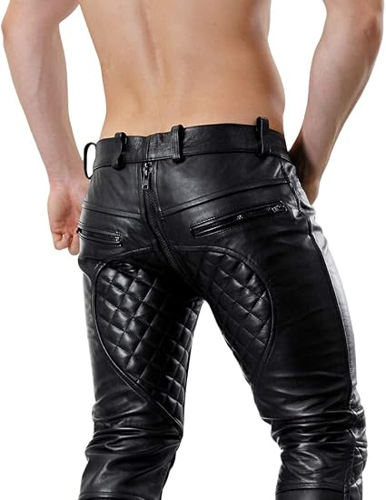 Men’s Genuine Cowhide Leather Quilted Biker Pants – Black Motorcycle Riding Trousers