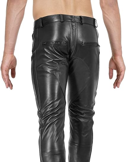 Men's Black Genuine Cowhide Leather Slim-Fit Biker Pants