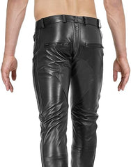 Men's Black Genuine Cowhide Leather Slim-Fit Biker Pants