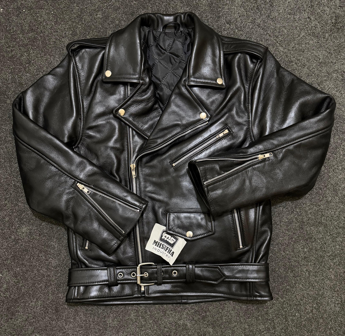 Men’s Black Genuine Cowhide Perfecto Biker Leather Jacket with Waist Belt
