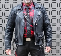 Leather Fashion Jacket | Leather Uniform Jacket | Men’s Black Cowhide Leather Biker Jacket | Quilted Diamond Biker Jacket with Belt