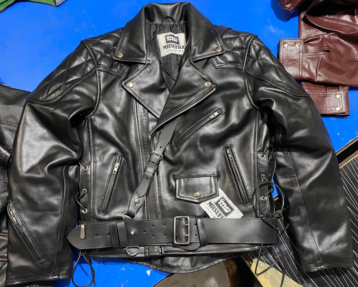 Men’s Black Cowhide Leather Biker Jacket | Quilted Diamond Biker Jacket with Belt