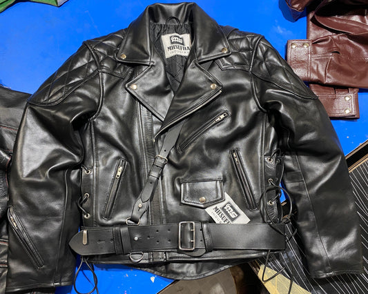Men’s Black Cowhide Leather Biker Jacket | Quilted Diamond Biker Jacket with Belt