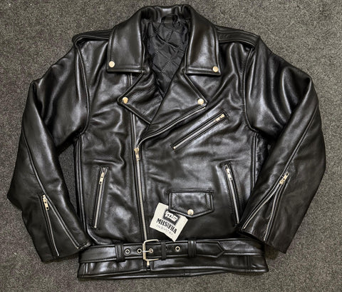 Men’s Black Genuine Cowhide Perfecto Biker Leather Jacket with Waist Belt