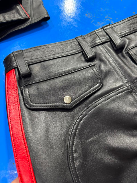 Jeans style leather short | Premium Black & Red Genuine Cowhide Leather Shorts | Biker / Fetish / Club Shorts