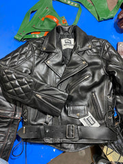 Men’s Black Cowhide Leather Biker Jacket | Quilted Diamond Biker Jacket with Belt