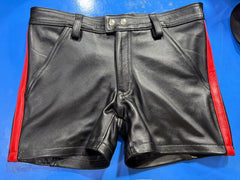 Jeans style leather short | Premium Black & Red Genuine Cowhide Leather Shorts | Biker / Fetish / Club Shorts
