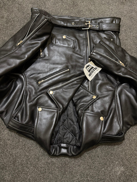 Men’s Black Genuine Cowhide Perfecto Biker Leather Jacket with Waist Belt