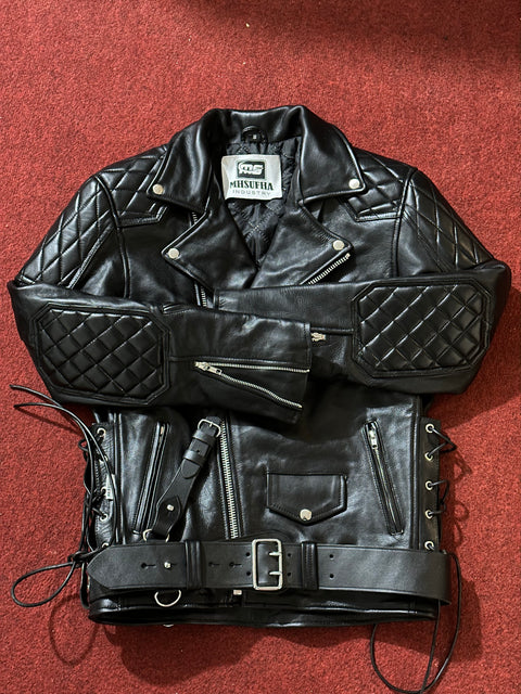 Leather Fashion Jacket | Leather Uniform Jacket | Men’s Black Cowhide Leather Biker Jacket | Quilted Diamond Biker Jacket with Belt