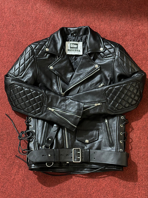 Leather Fashion Jacket | Leather Uniform Jacket | Men’s Black Cowhide Leather Biker Jacket | Quilted Diamond Biker Jacket with Belt